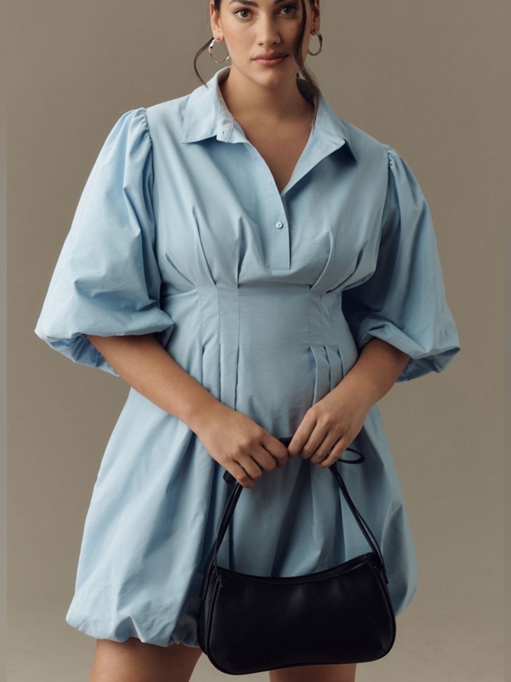 Anthro Maeve Puff-Sleeve Bubble Hem Collared Mini Dress